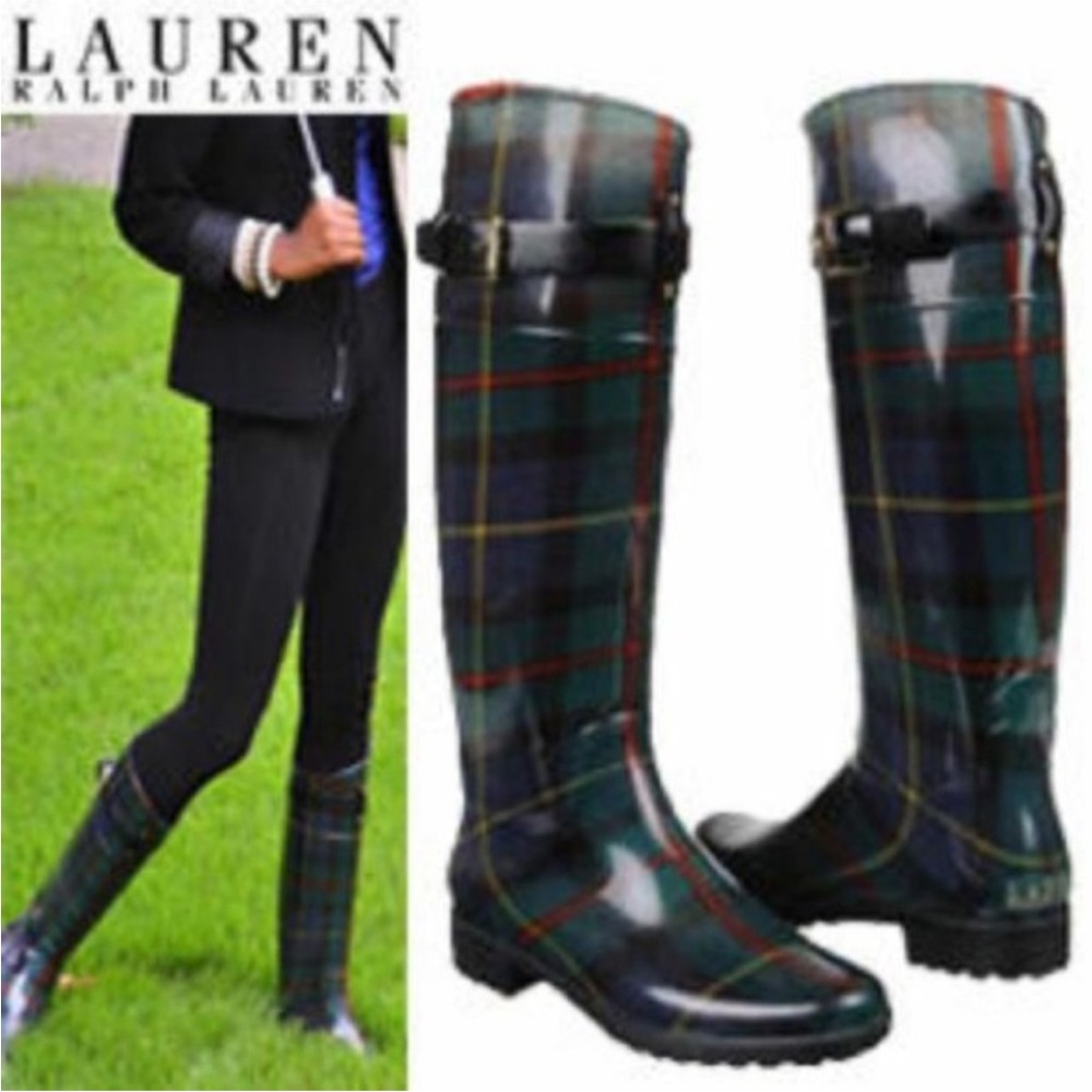 Women’s Ralph Lauren Rossalyn II Rain Boots Green Tartan Plaid Tall